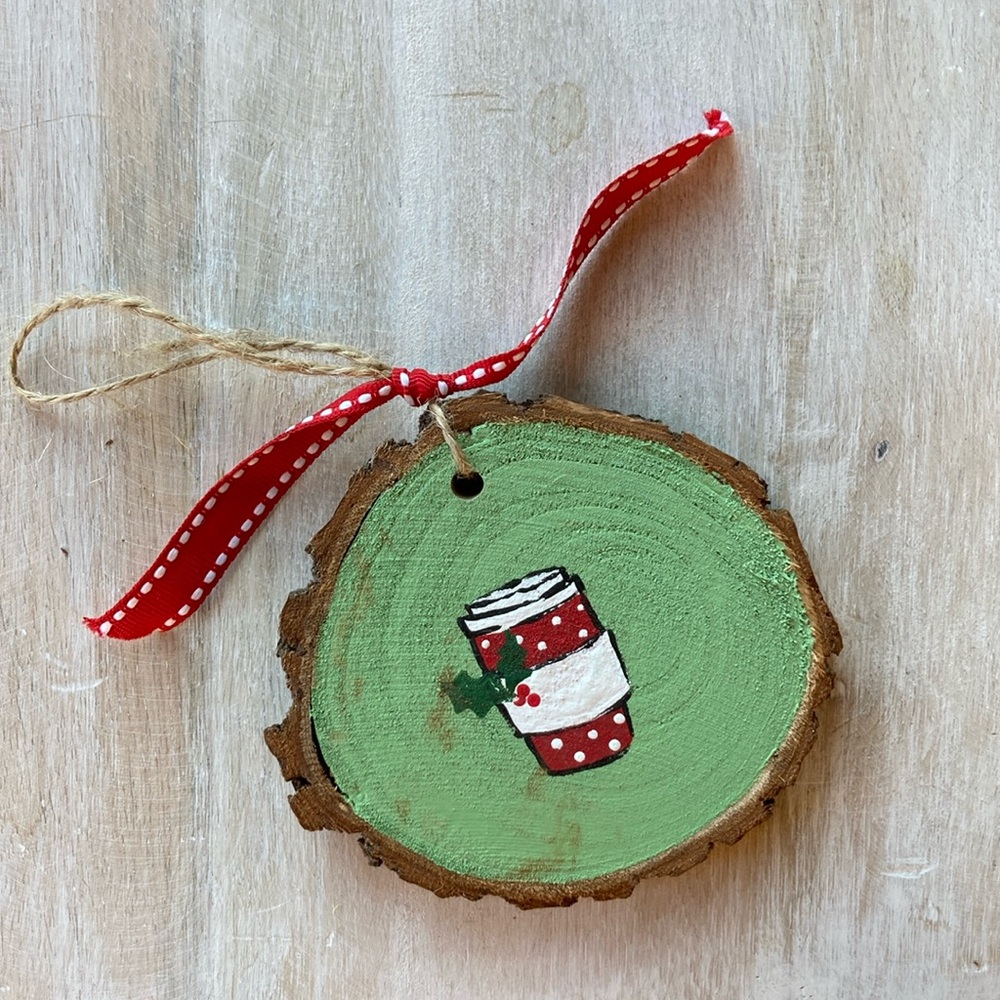 Handmade Coffee Lover Handmade Christmas Ornament, Painted Wood Slice
